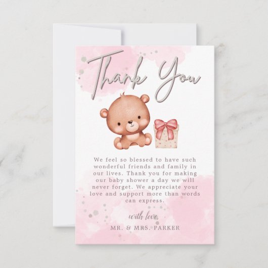 赤面ピンクかわいいクマの水の色のハート赤ちゃんシャワー サンキューカード (正面)