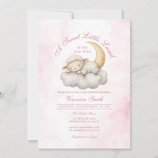 赤面ピンクかわいい子羊の赤ちゃんシャワー 招待状 (正面)