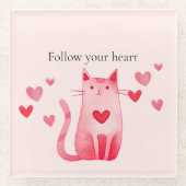 赤面ピンクかわいい猫ハート ガラスコースター (正面)