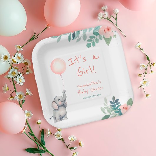 赤面ピンクかわいい象のバルーン赤ちゃんシャワー ペーパープレート