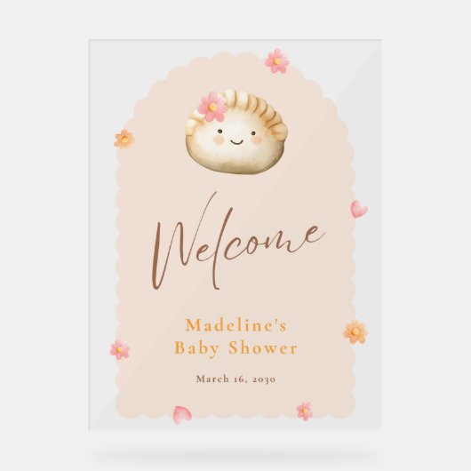 赤面ピンクかわいい餃子ベビーガールシャワーウェルカム アクリルサイン (正面)