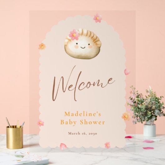 赤面ピンクかわいい餃子ベビーガールシャワーウェルカム アクリルサイン (ウェディング)