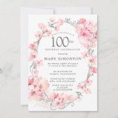 赤面ピンクさくらんぼブロッサムフローラ100誕生日 招待状 (正面)