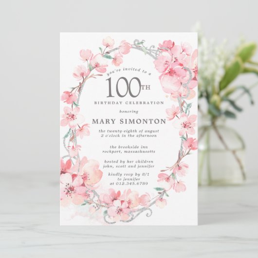 赤面ピンクさくらんぼブロッサムフローラ100誕生日 招待状 (スタンド正面)