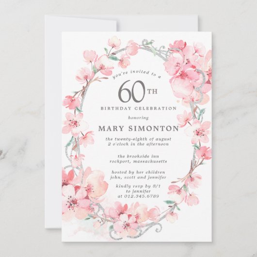 赤面ピンクさくらんぼブロッサムフローラ60誕生日 招待状 (正面)