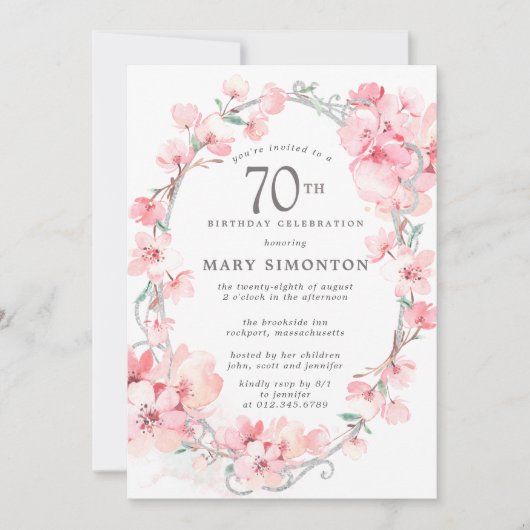 赤面ピンクさくらんぼブロッサムフローラ70誕生日 招待状 (正面)