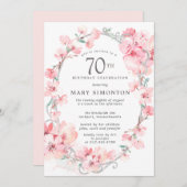 赤面ピンクさくらんぼブロッサムフローラ70誕生日 招待状 (正面/裏面)