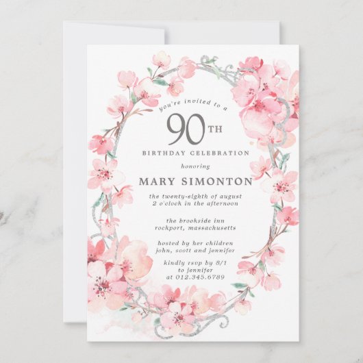赤面ピンクさくらんぼブロッサムフローラ90誕生日 招待状 (正面)