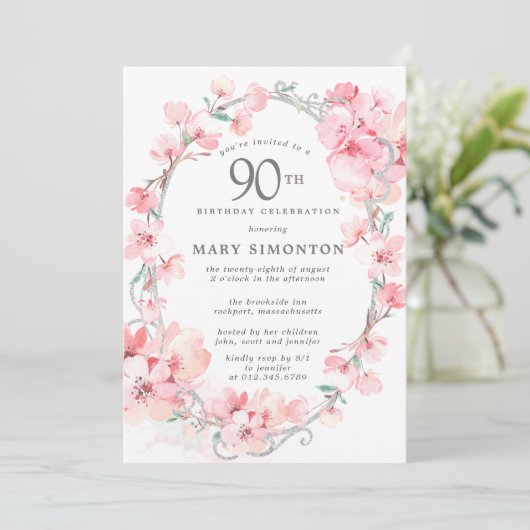 赤面ピンクさくらんぼブロッサムフローラ90誕生日 招待状 (スタンド正面)