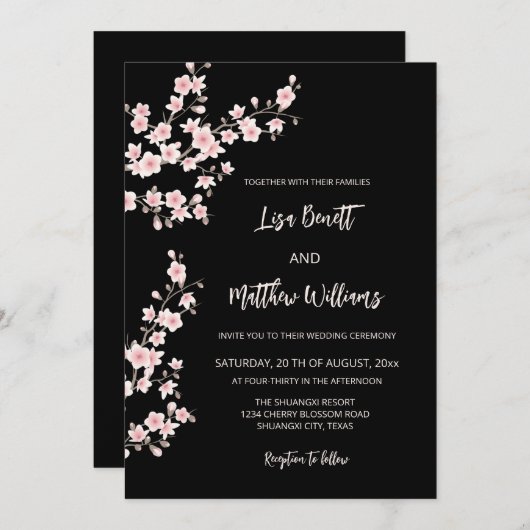赤面ピンクさくらんぼブロッサムブラック 招待状 (正面/裏面)