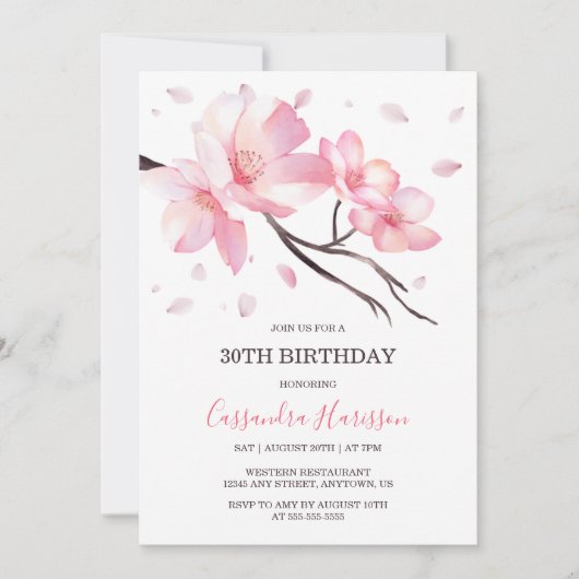 赤面ピンクさくらんぼブロッサム桜誕生日 招待状 (正面)