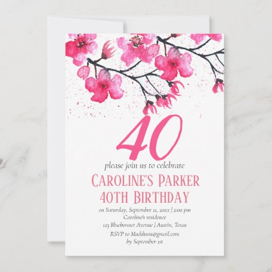 赤面ピンクさくらんぼブロッサム40歳の誕生日フローラ 招待状 (正面)