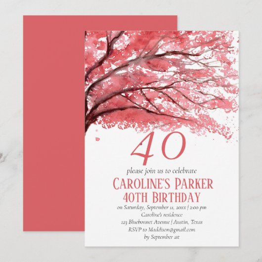 赤面ピンクさくらんぼブロッサム40歳の誕生日フローラ 招待状 (正面/裏面)