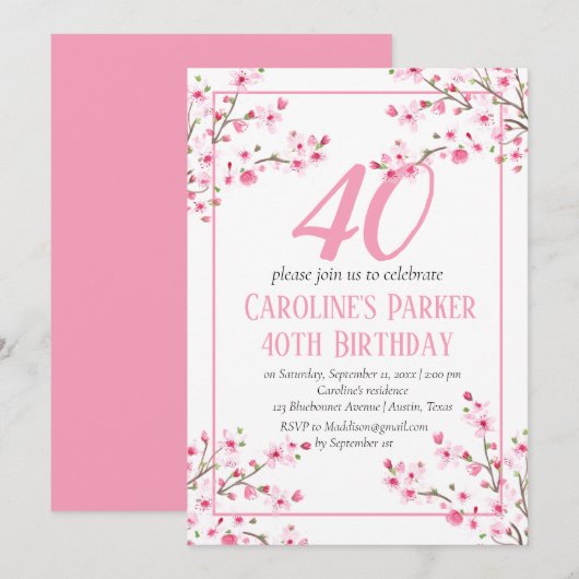 赤面ピンクさくらんぼブロッサム40歳の誕生日フローラ 招待状 (正面/裏面)