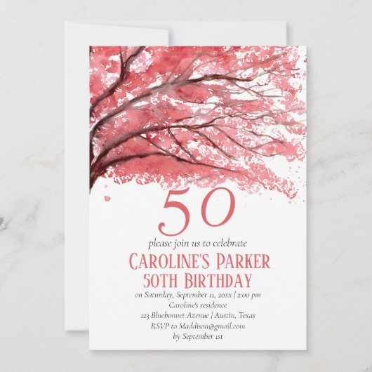 赤面ピンクさくらんぼブロッサム50誕生日フローラ 招待状 (正面)