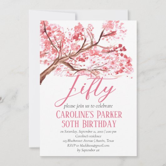 赤面ピンクさくらんぼブロッサム50誕生日フローラ 招待状 (正面)