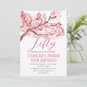 赤面ピンクさくらんぼブロッサム50誕生日フローラ 招待状 (スタンド正面)