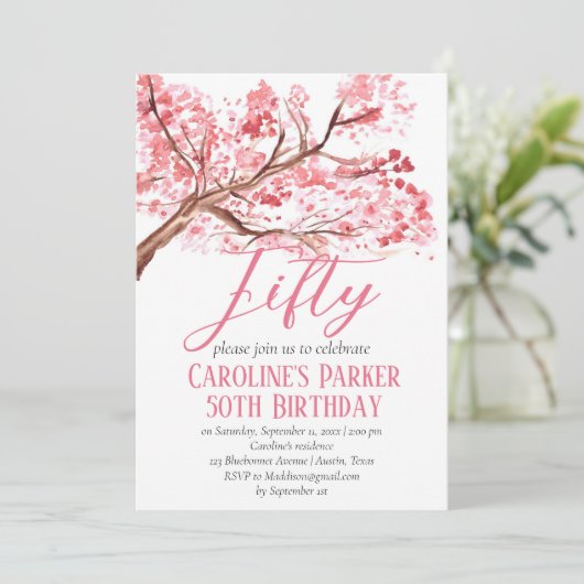 赤面ピンクさくらんぼブロッサム50誕生日フローラ 招待状 (スタンド正面)