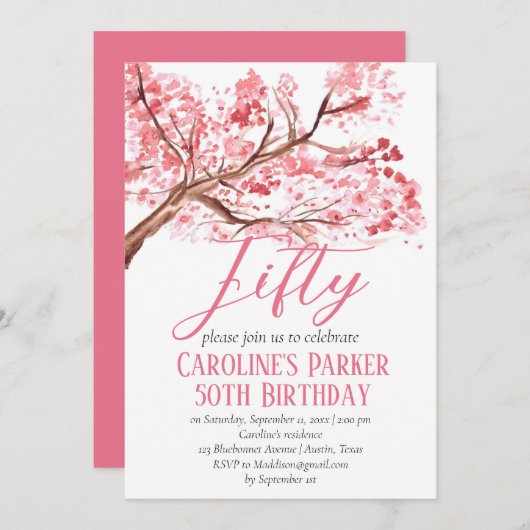 赤面ピンクさくらんぼブロッサム50誕生日フローラ 招待状 (正面/裏面)