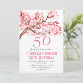 赤面ピンクさくらんぼブロッサム50誕生日フローラ 招待状 (スタンド正面)