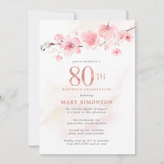 赤面ピンクさくらんぼブロッサム80誕生日 招待状 (正面)