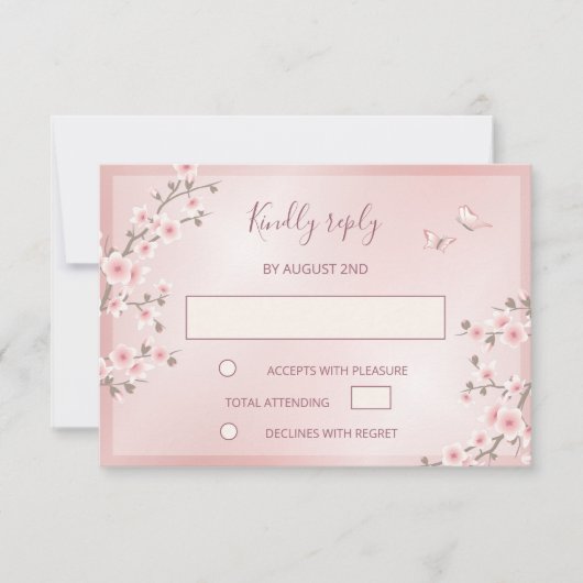 赤面ピンクさくらんぼ結婚ブロッサム 出欠カード (正面)