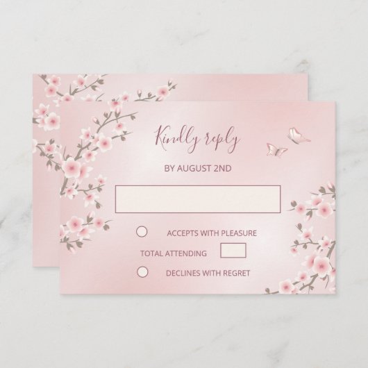 赤面ピンクさくらんぼ結婚ブロッサム 出欠カード (正面/裏面)