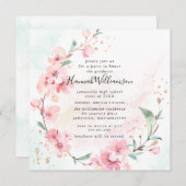 赤面ピンクさくらんぼ花ズスクエア卒業 招待状 (正面/裏面)