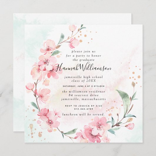 赤面ピンクさくらんぼ花ズスクエア卒業 招待状 (正面/裏面)