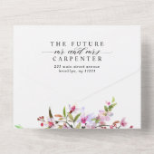 赤面ピンクさくらんぼ花咲きフローラ結婚写真 オールインワン招待状 (裏面)