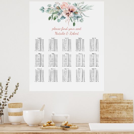 赤面ピンクとアイボリーのフローラの座席表 ポスター (キッチン)
