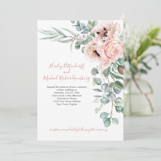 赤面ピンクとアイボリーポピーズユーカリプスグリーン 招待状 (スタンド正面)