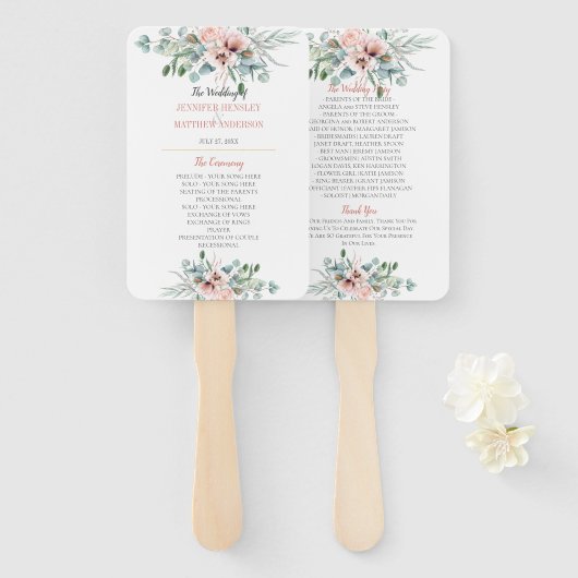 赤面ピンクとアイボリーポピー牡丹フローラプログラム ハンドファン (正面&裏面)