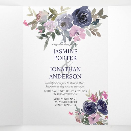 赤面ピンクとインディゴネイビー結婚フローラ 三つ折り招待状 (内部中)