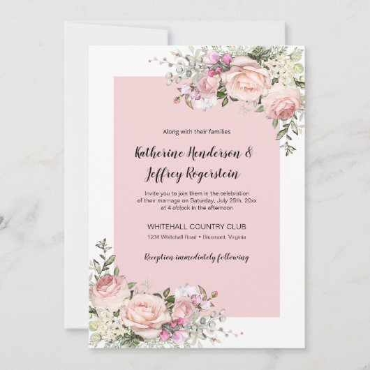 赤面ピンクとクリーム水カラーバラ結婚ズ 招待状 (正面)