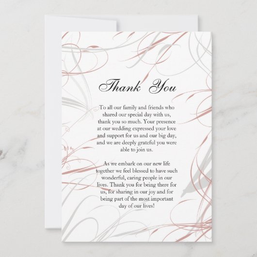 赤面ピンクとグレイの結婚花飾りありがとう サンキューカード (正面)
