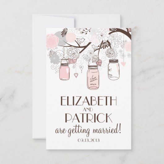 赤面ピンクとグレーのフローラメイスンジャーズRSVPカード 出欠カード (裏面)