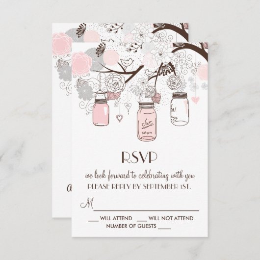 赤面ピンクとグレーのフローラメイスンジャーズRSVPカード 出欠カード (正面/裏面)
