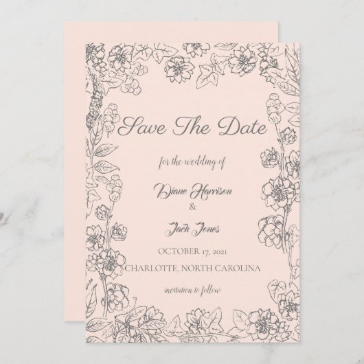 赤面ピンクとグレーの日付を結婚保存 招待状 (正面/裏面)