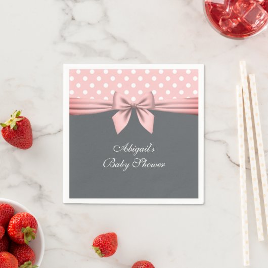 赤面ピンクとグレーの水玉模様ボウベイビーシャワー昼寝 スタンダードカクテルナプキン (インサイチュ)
