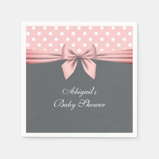 赤面ピンクとグレーの水玉模様ボウベイビーシャワー昼寝 スタンダードカクテルナプキン (正面)