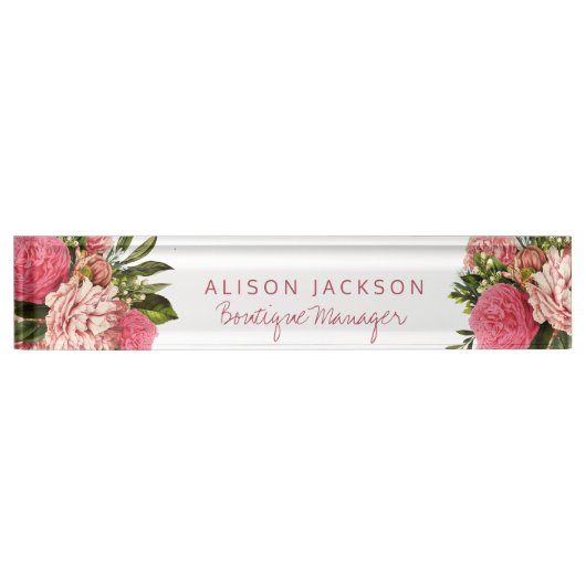 赤面ピンクとコーラルレッドのフラワーズブティックマネージャー デスクネームプレート (正面)
