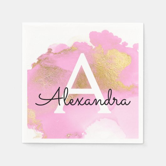 赤面ピンクとゴールドフォイルガーリー洗浄 スタンダードカクテルナプキン (正面)