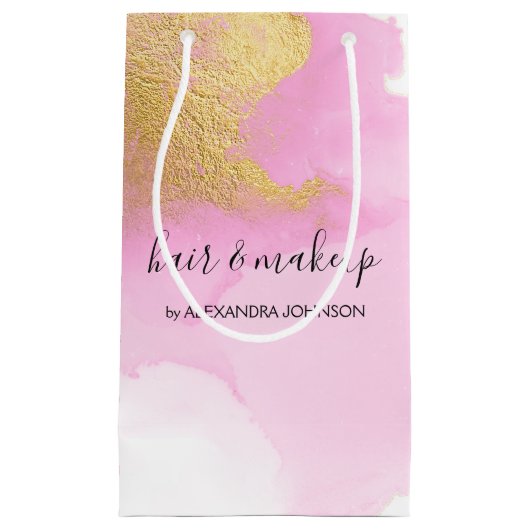 赤面ピンクとゴールドフォイルガーリー洗浄 スモールペーパーバッグ (正面)