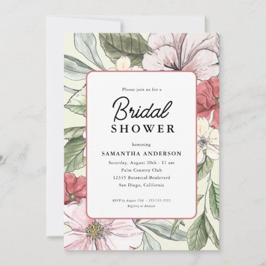赤面ピンクとセージ秋花ブライダルシャワー 招待状 (正面)