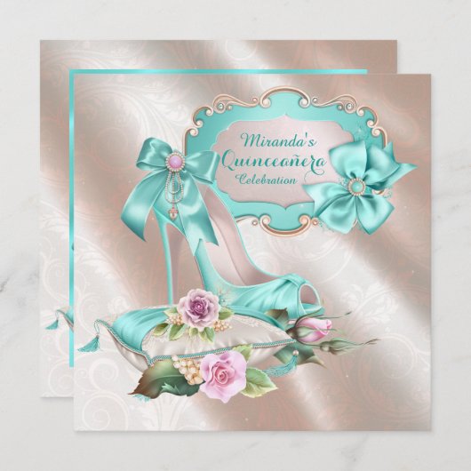 赤面ピンクとティール(緑がかった色)ハイヒールシューズキンセアニェラ 招待状 (正面/裏面)