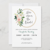 赤面ピンクとティール（緑がかった色）フローラブライダルシャワー 招待状 (正面)