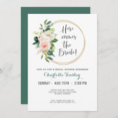 赤面ピンクとティール（緑がかった色）フローラブライダルシャワー 招待状 (正面/裏面)