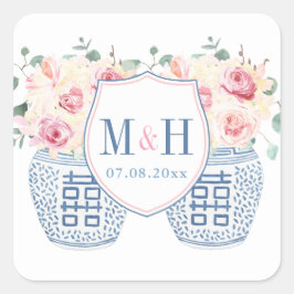 赤面ピンクとネイビーのChinoiserieバラ結婚のロゴ スクエアシール