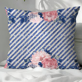 赤面ピンクとネイビーグリッターストライプフローラ クッション